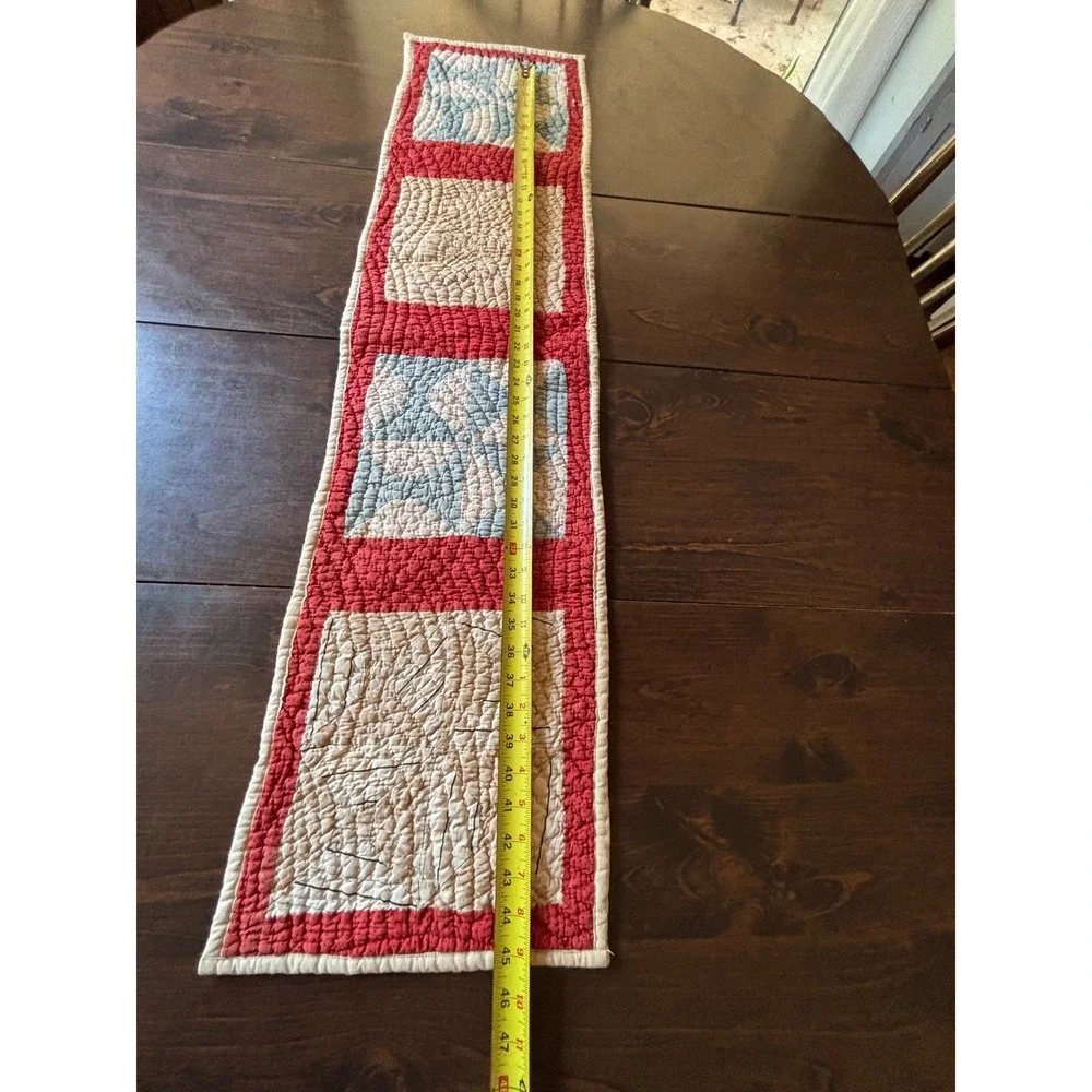 Reversible Patchwork Table Runner Americana Red Cream Blue Star Farmhouse 44x11